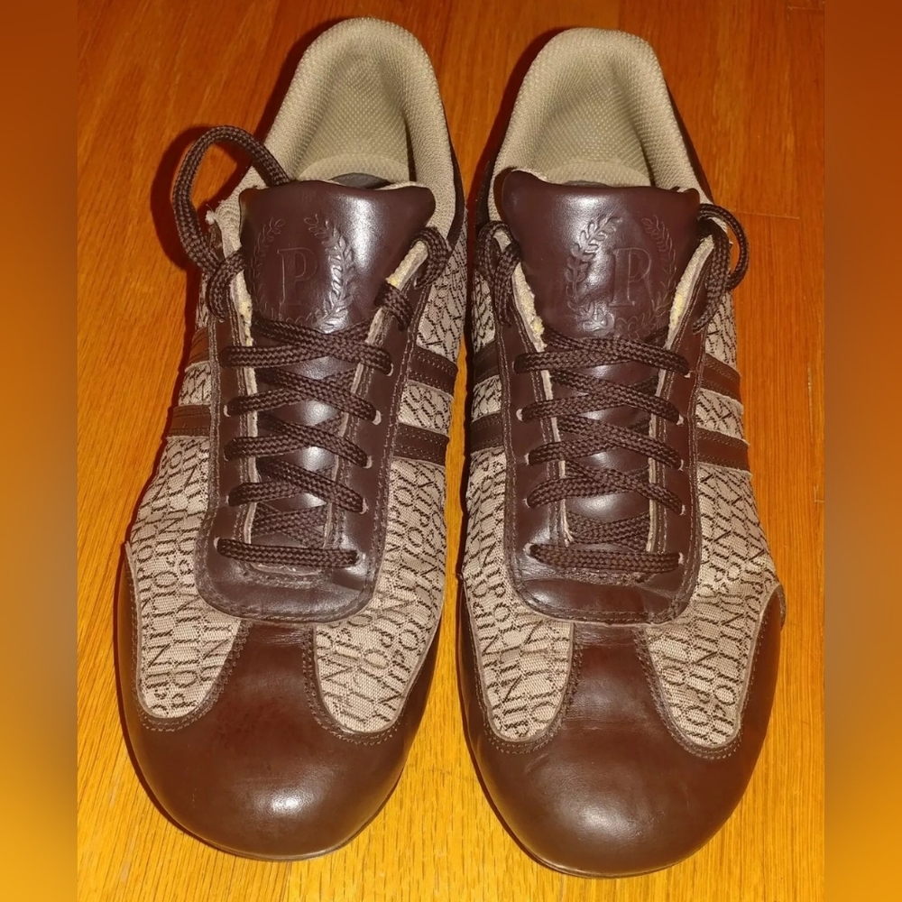 POLLINI WOMEN'S BROWN LEATHER & LOGO CANVAS OXFORD FASHION SNEAKERS SIZE 39